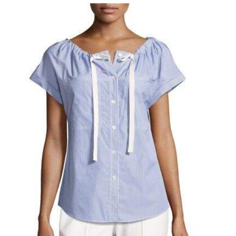 Theory Blue & White Striped Cotton Drawstring Blouse | Size P (Fits Small)